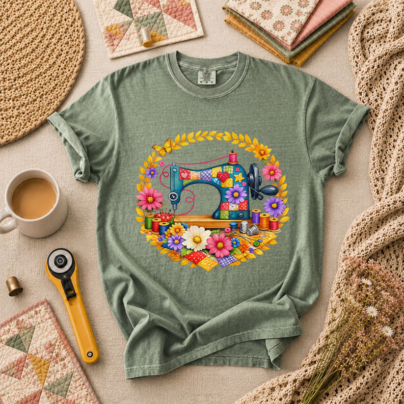 Sewing Machine Floral Wreath Butterfly T-Shirt - Forest Green