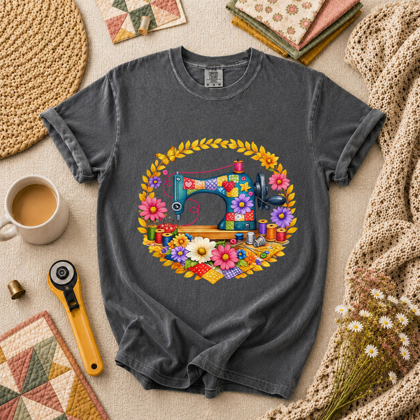 Sewing Machine Floral Wreath Butterfly T-Shirt - Grey