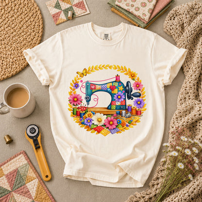 Sewing Machine Floral Wreath Butterfly T-Shirt - Ivory