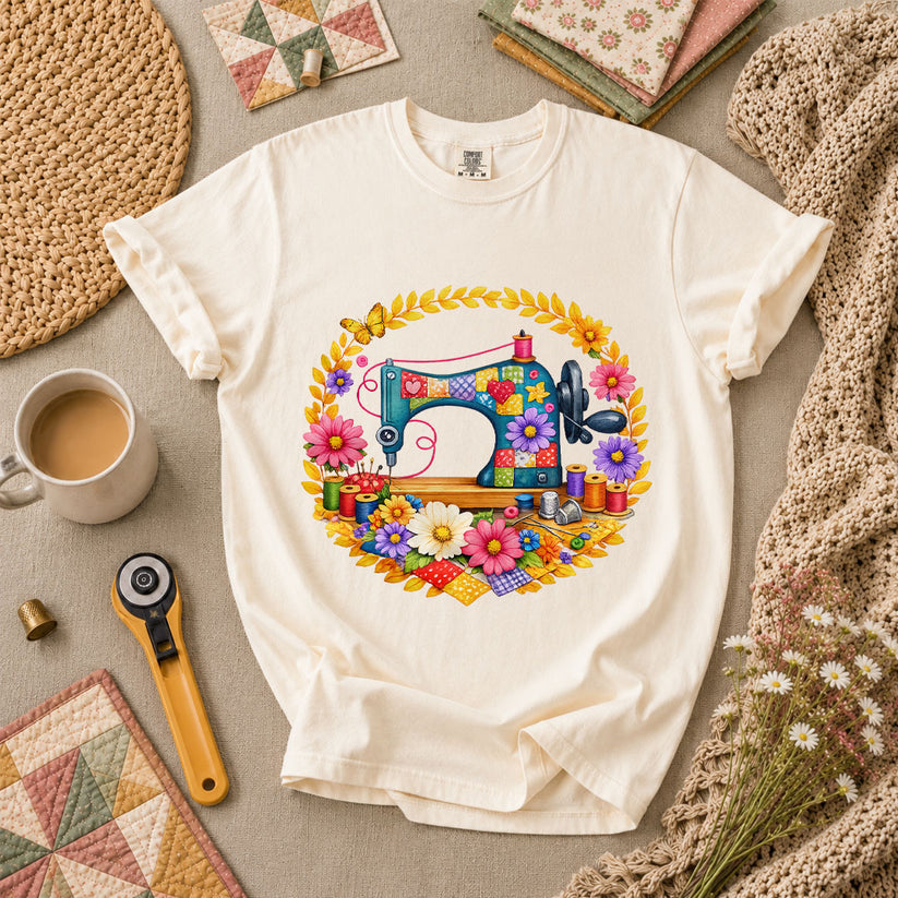 Sewing Machine Floral Wreath Butterfly T-Shirt - Ivory