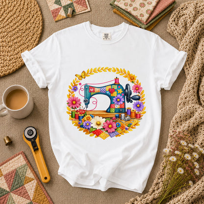 Sewing Machine Floral Wreath Butterfly T-Shirt - White
