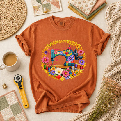 Sewing Machine Floral Wreath Butterfly T-Shirt - Yam