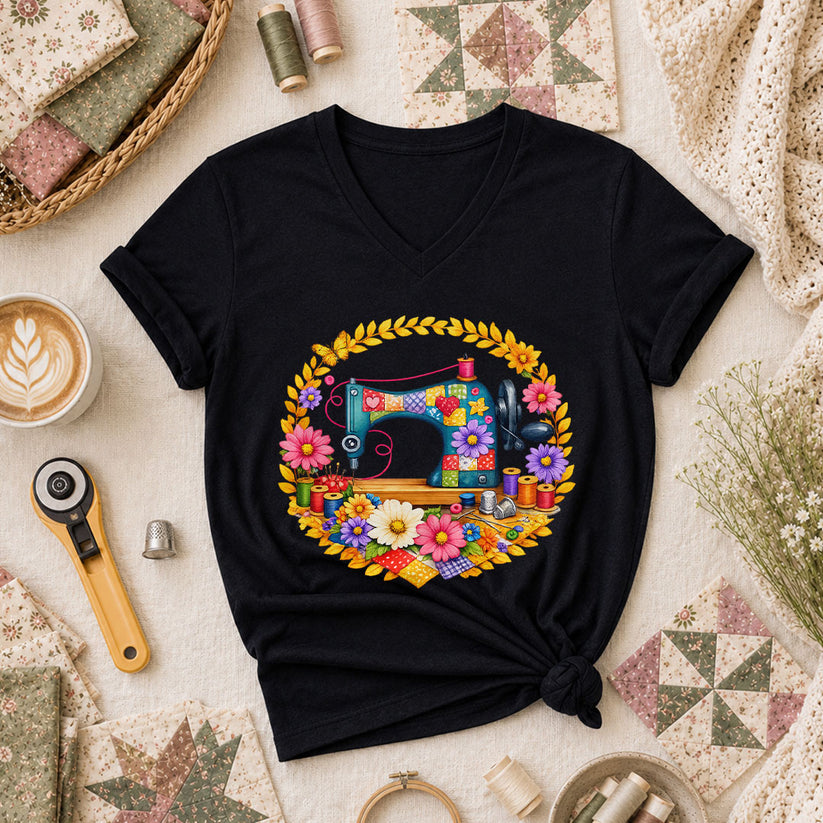 Sewing Machine Floral Wreath Butterfly Women's V-Neck - Black