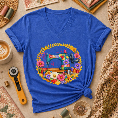 Sewing Machine Floral Wreath Butterfly Women's V-Neck - Heather True Royal