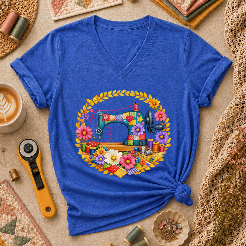 Sewing Machine Floral Wreath Butterfly Women's V-Neck - Heather True Royal