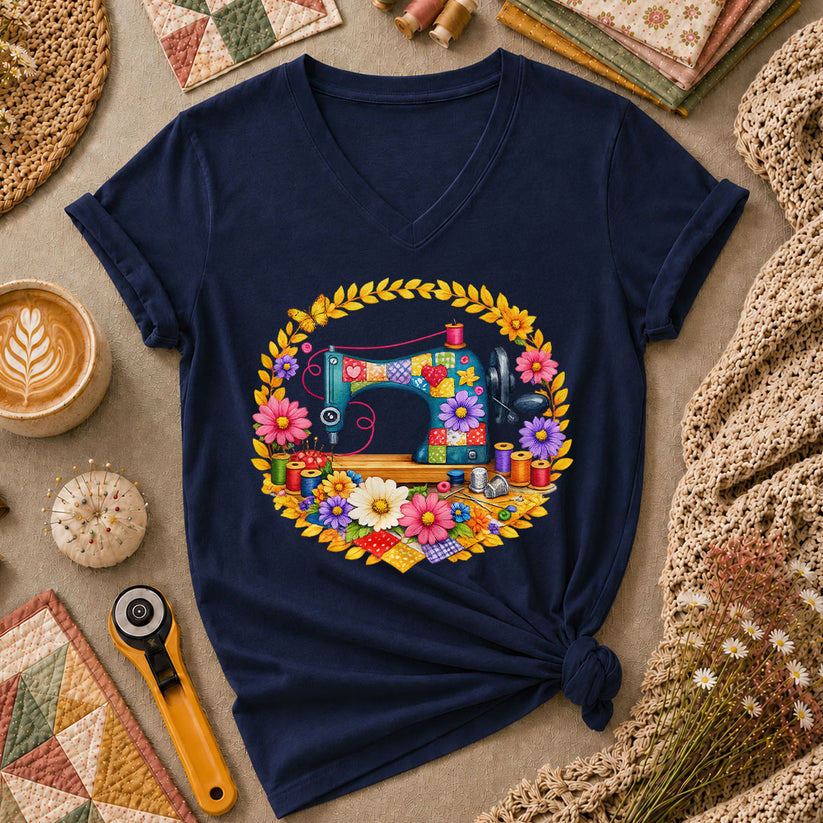 Sewing Machine Floral Wreath Butterfly Women's V-Neck - Navy