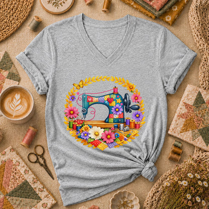 Sewing Machine Floral Wreath Butterfly Women's V-Neck - Sport Grey