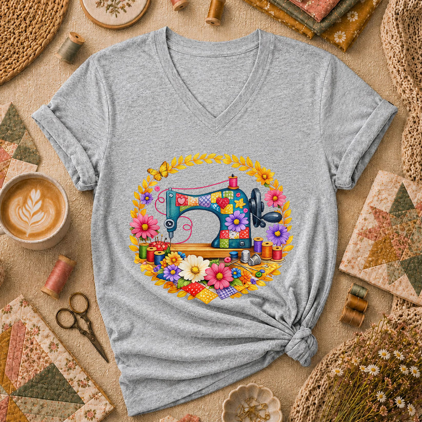 Sewing Machine Floral Wreath Butterfly Women's V-Neck - Sport Grey