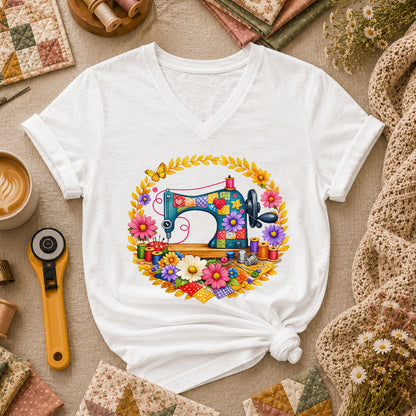 Sewing Machine Floral Wreath Butterfly Women's V-Neck - White