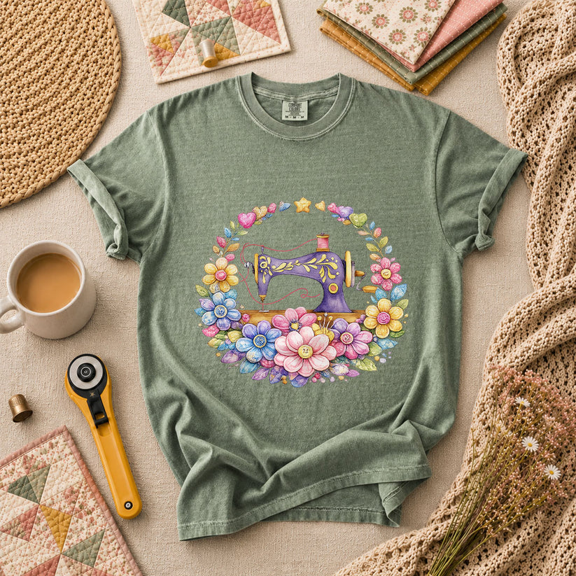 Sewing Machine Floral Wreath T-Shirt - Forest Green