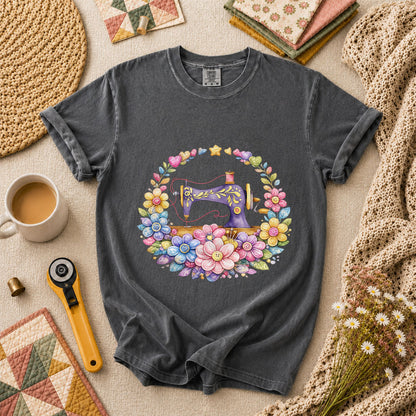 Sewing Machine Floral Wreath T-Shirt - Grey