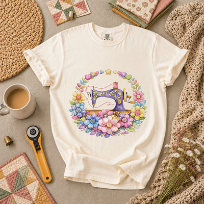 Sewing Machine Floral Wreath T-Shirt - Ivory
