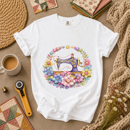 Sewing Machine Floral Wreath T-Shirt - White