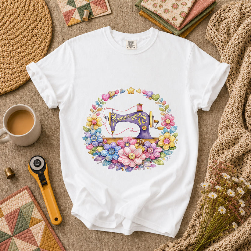 Sewing Machine Floral Wreath T-Shirt - White