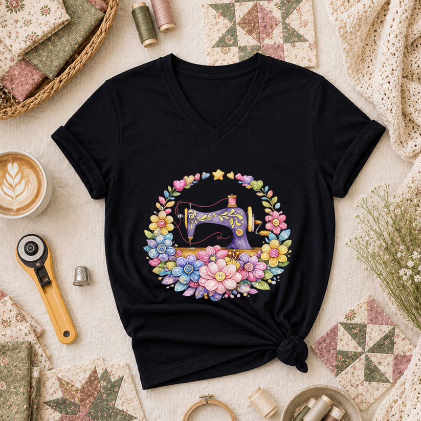 Sewing Machine Floral Wreath Women's V-Neck - Black