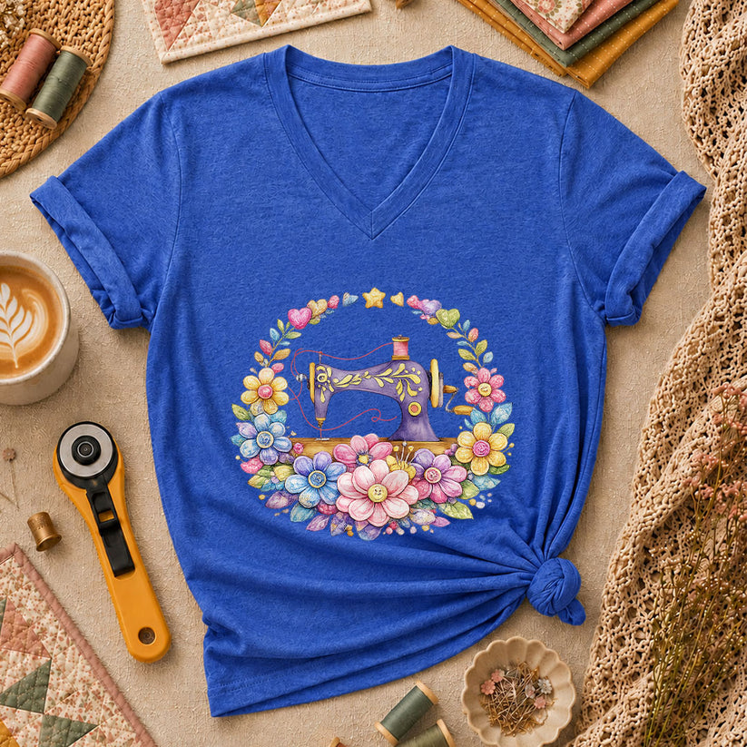 Sewing Machine Floral Wreath Women's V-Neck - Heather True Royal