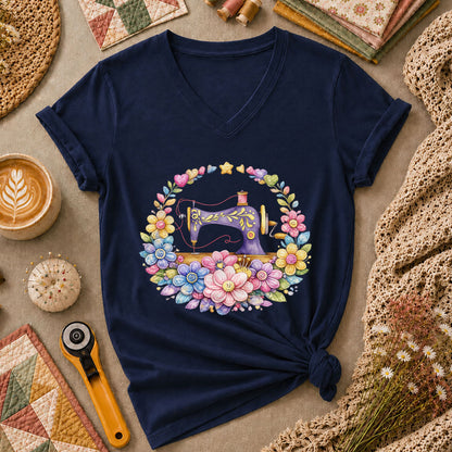 Sewing Machine Floral Wreath Women's V-Neck - Navy