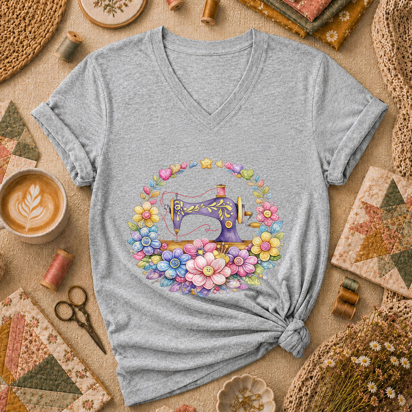 Sewing Machine Floral Wreath Women's V-Neck - Sport Grey