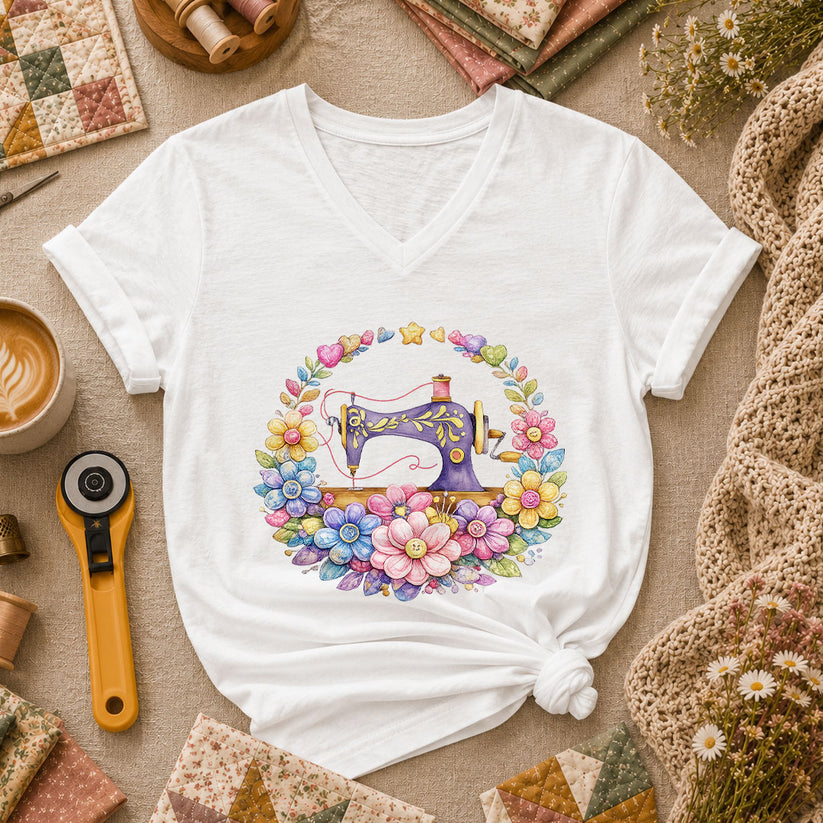 Sewing Machine Floral Wreath Women's V-Neck - White