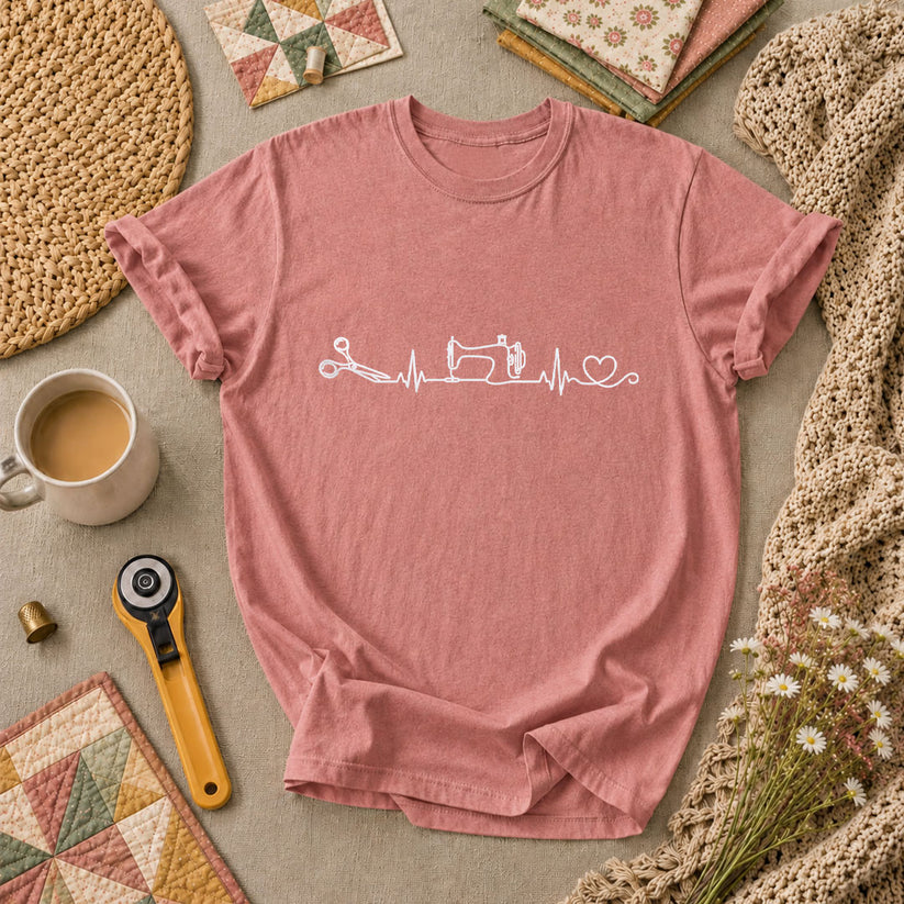 Sewing Machine Heartbeat Scissors Heart Minimalist T-Shirt - Heather Mauve