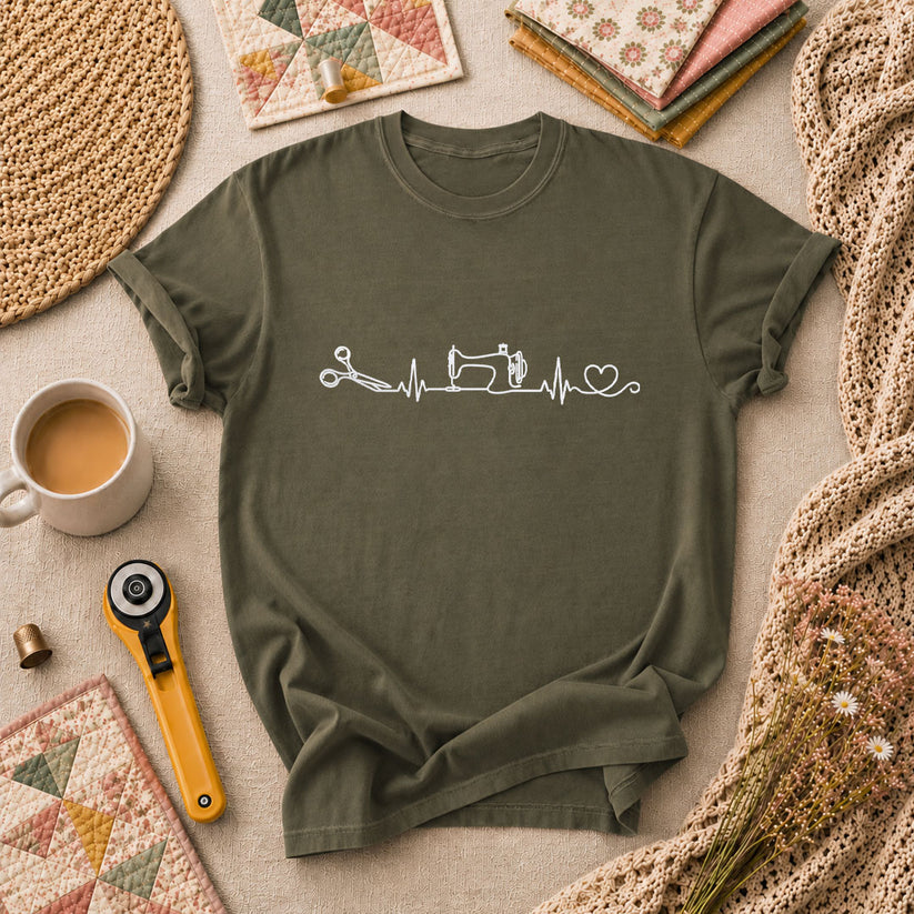 Sewing Machine Heartbeat Scissors Heart Minimalist T-Shirt - Military Green