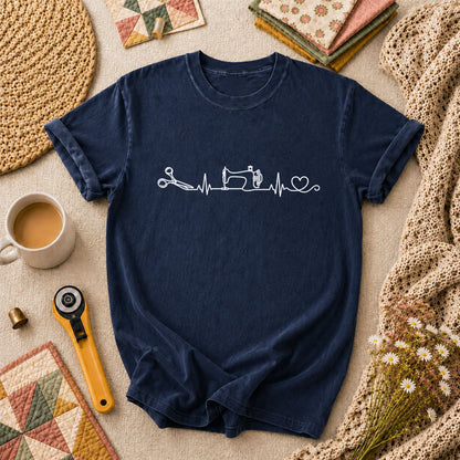 Sewing Machine Heartbeat Scissors Heart Minimalist T-Shirt - Navy