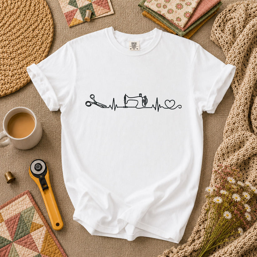 Sewing Machine Heartbeat Scissors Heart Minimalist T-Shirt - White