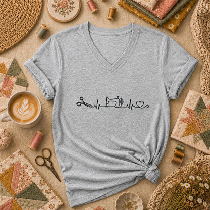 Sewing Machine Heartbeat Scissors Heart Minimalist Women's V-Neck - Athletic Heather