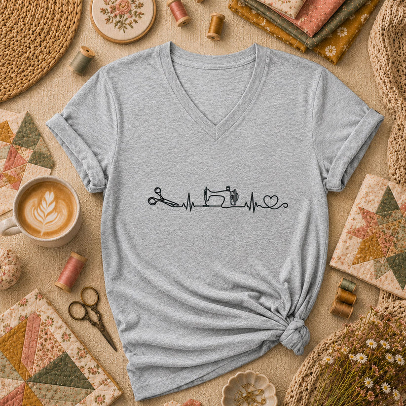 Sewing Machine Heartbeat Scissors Heart Minimalist Women's V-Neck - Athletic Heather