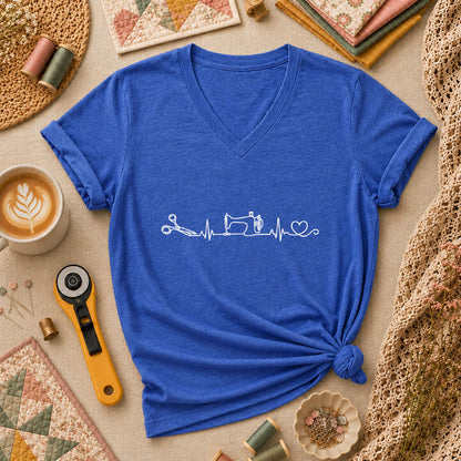 Sewing Machine Heartbeat Scissors Heart Minimalist Women's V-Neck - Heather True Royal