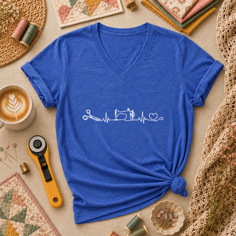Sewing Machine Heartbeat Scissors Heart Minimalist Women's V-Neck - Heather True Royal