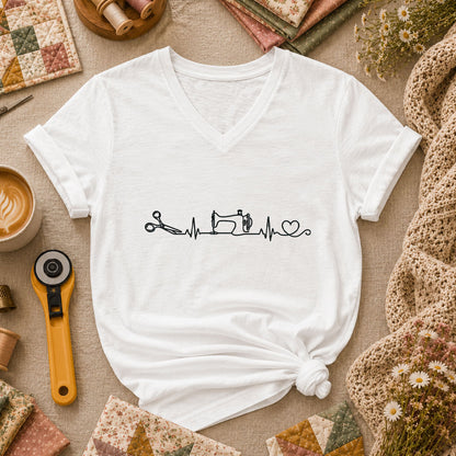 Sewing Machine Heartbeat Scissors Heart Minimalist Women's V-Neck - White