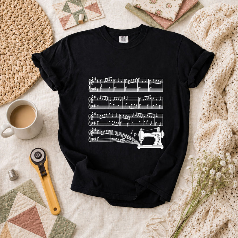 Sewing Machine Music Notes T-Shirt - Black