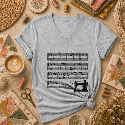 Sewing Machine Music Notes Women's V-Neck - Athletic Heather