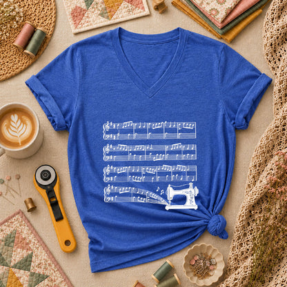Sewing Machine Music Notes Women's V-Neck - Heather True Royal