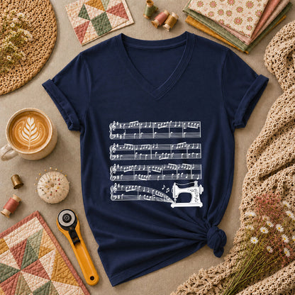 Sewing Machine Music Notes Women's V-Neck - Navy