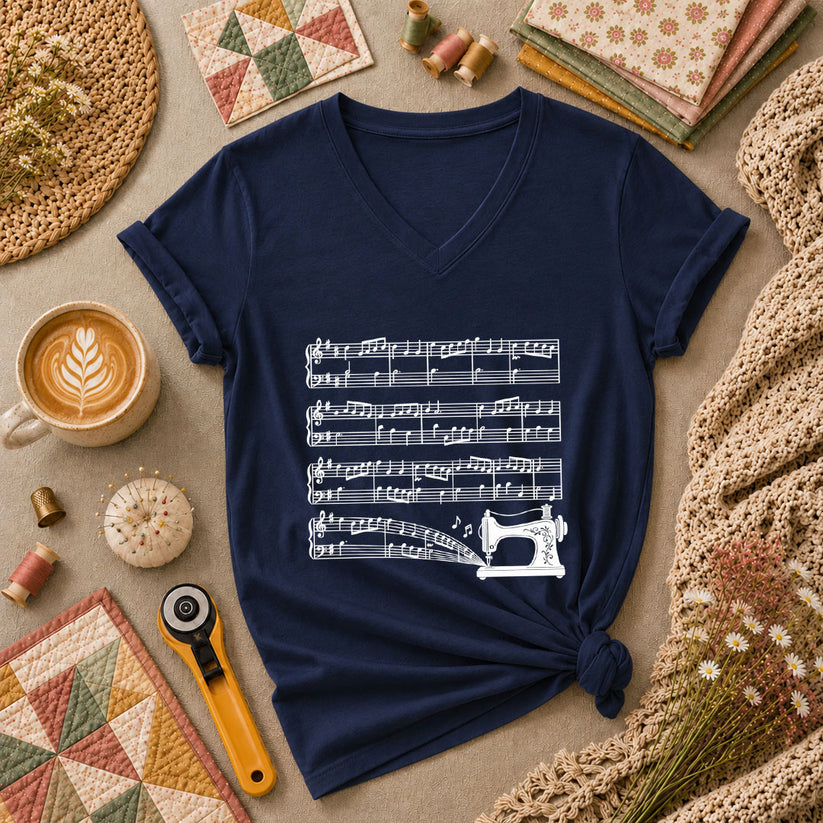 Sewing Machine Music Notes Women's V-Neck - Navy