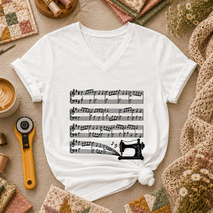 Sewing Machine Music Notes Women's V-Neck - White
