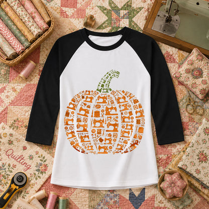 Sewing Machine Pumpkin Halloween Raglan Sleeve - Black