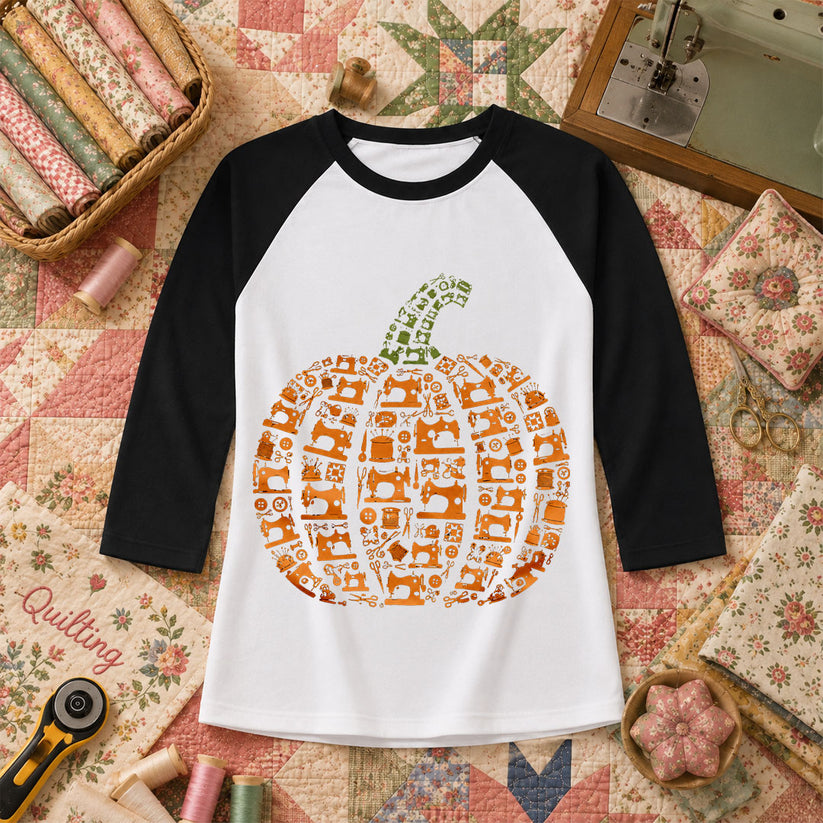 Sewing Machine Pumpkin Halloween Raglan Sleeve - Black