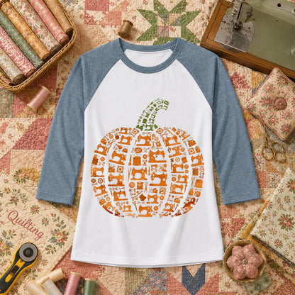 Sewing Machine Pumpkin Halloween Raglan Sleeve - Denim