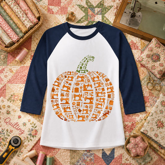 Sewing Machine Pumpkin Halloween Raglan Sleeve - Navy