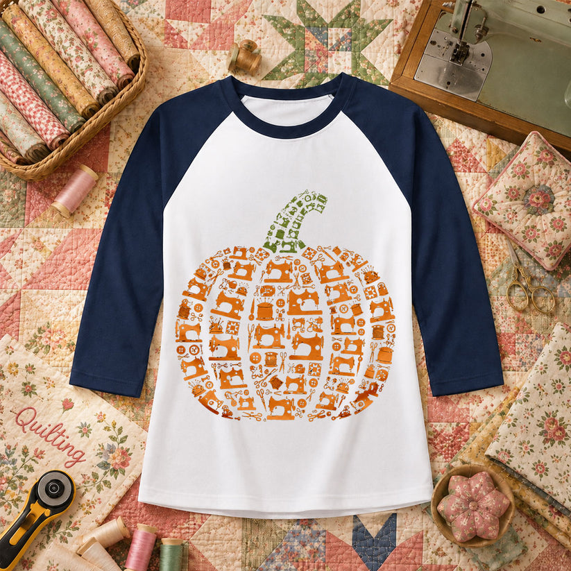 Sewing Machine Pumpkin Halloween Raglan Sleeve - Navy