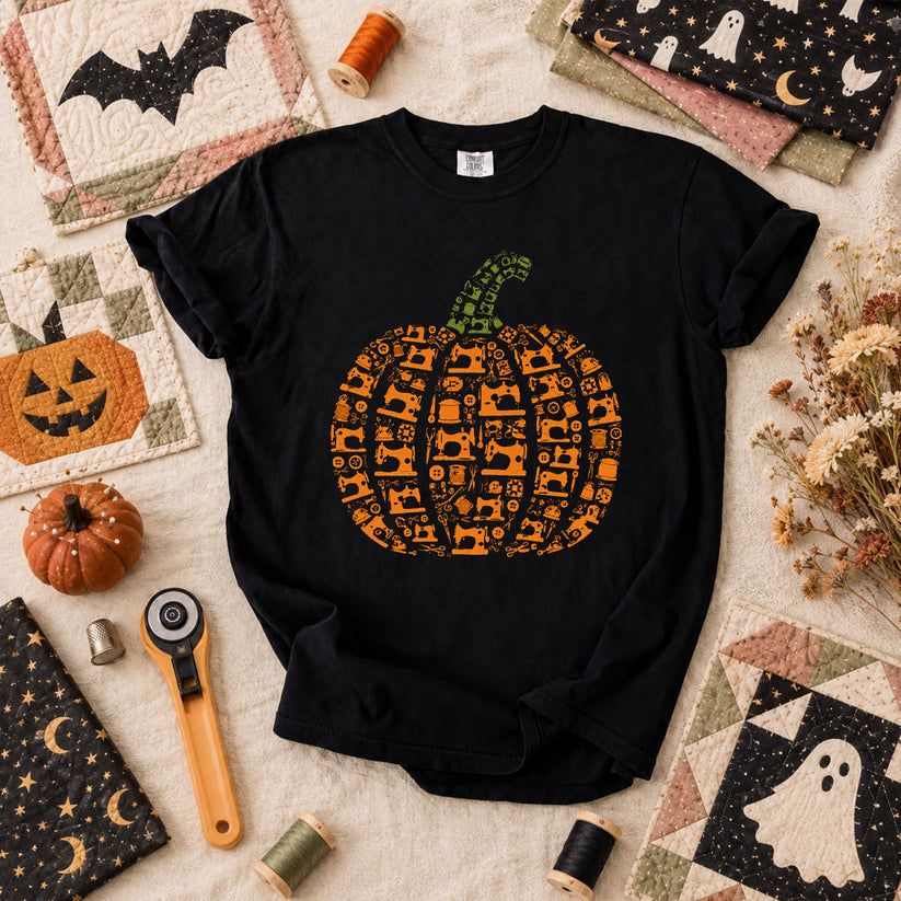 Sewing Machine Pumpkin Halloween T-Shirt - Black