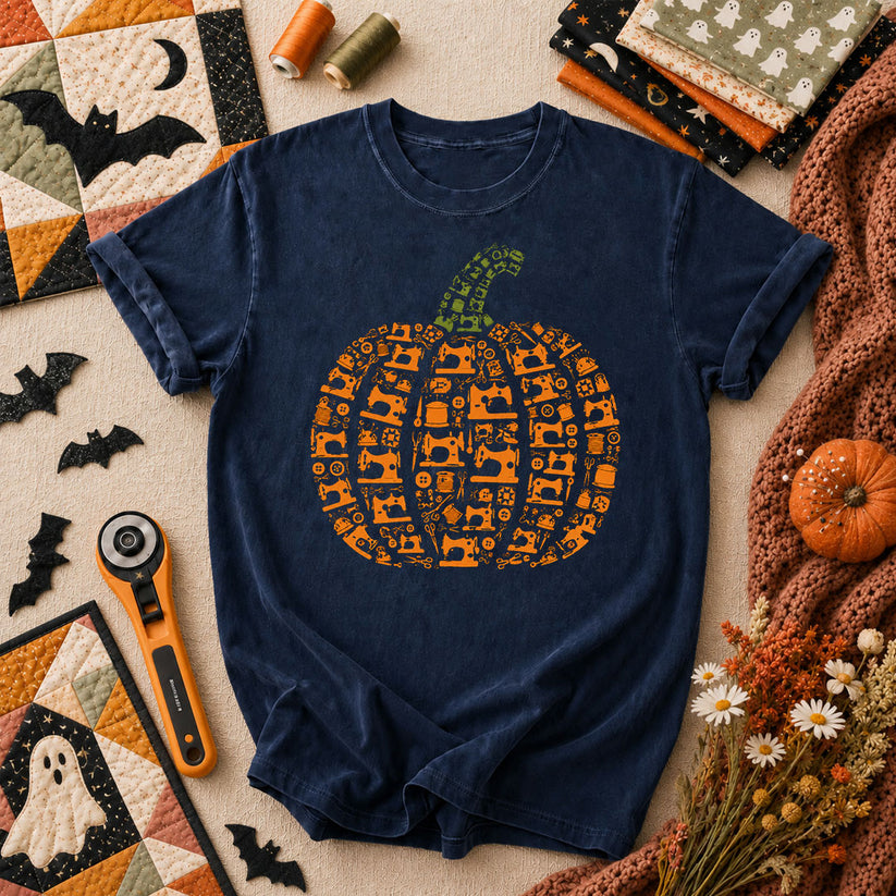 Sewing Machine Pumpkin Halloween T-Shirt - Navy
