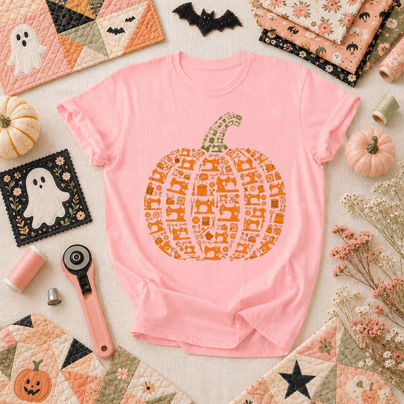 Sewing Machine Pumpkin Halloween T-Shirt - Pink