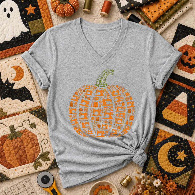 Sewing Machine Pumpkin Halloween Women's V-Neck - Athletic Heather