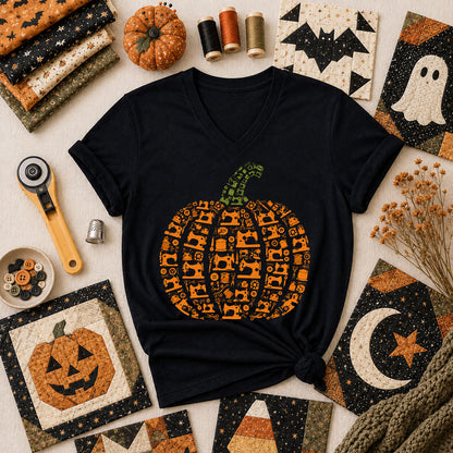 Sewing Machine Pumpkin Halloween Women's V-Neck - Black