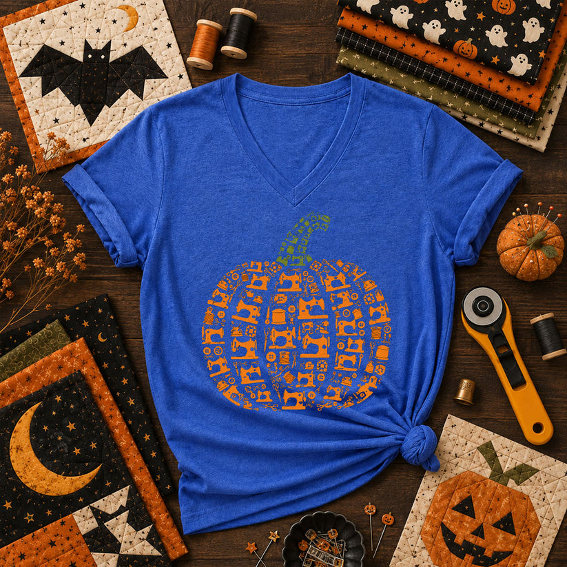 Sewing Machine Pumpkin Halloween Women's V-Neck - Heather True Royal
