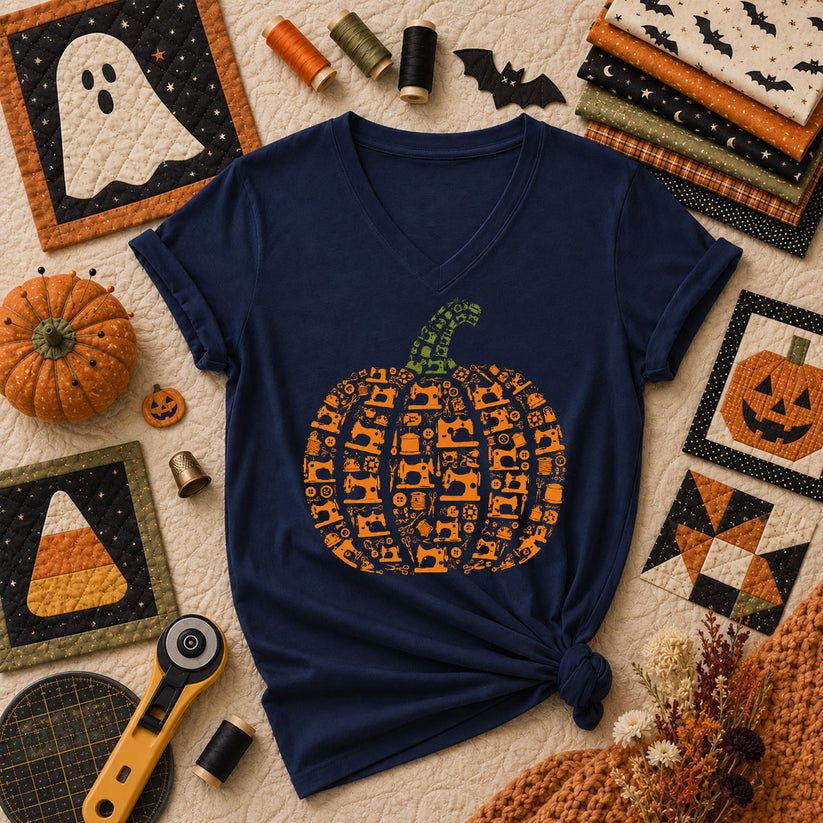 Sewing Machine Pumpkin Halloween Women's V-Neck - Navy